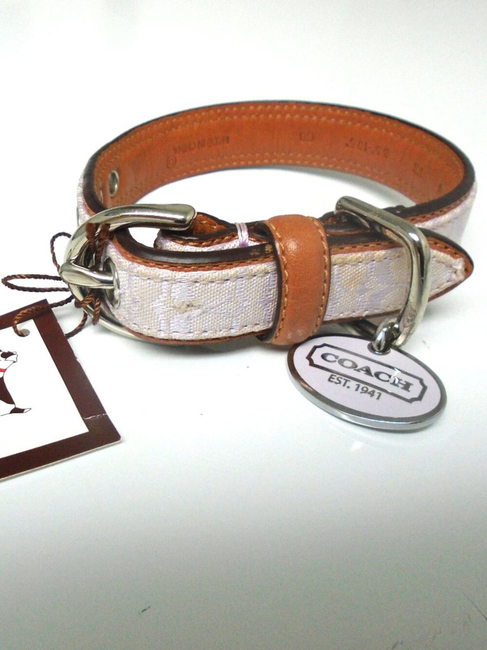 NEW VINTAGE COACH BROWN LILAC JACQUARD SIGNATURE C LEATHER DOG COLLAR 4003 SZ XS